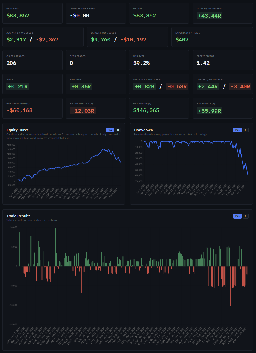 The full Minerva dashboard: P&L and R-multiple metrics, equity curve, drawdown, and trade results charts